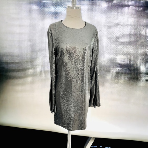 DRESS THE POPULATION SILVER SHINEY SEQUIN PARTY DRESS NEW TAGS Large - Picture 3 of 13